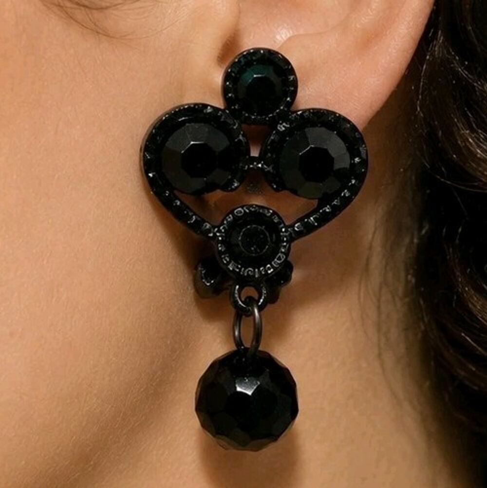 Vintage Japanned Black Glass Rhinestone Dangle Clip On Earrings Gothic Mourning